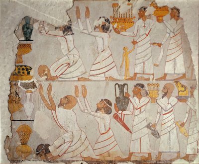 Osa maalattua haudan seinää, jossa näkyy aasialaisia kunnianosoittajia, noin 1400 eKr. (maalattu kipsi kivelle) tekijältä Egyptian 18th Dynasty