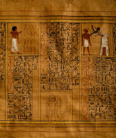 Osa Kuolleiden kirjasta, jossa teksti on pystysuorissa hieroglyfipylväissä ja monivärisiä kuvituksia sisältävissä lisäkuvissa, papyrus, 34cm x 14cm, Kha:n haudasta Deir el-Medinassa, Egyptin sivilisaatio, Uusi valtakunta, XVIII dynastia. tekijältä Egyptian 18th Dynasty