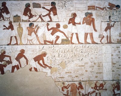 Valaajat ja työntekijät, fresko, kappeli, Rekhmiren hauta (TT100), Sheikh Abd el-Qurna, Thebes (Unescon maailmanperintöluettelo) tekijältä Egyptian 18th Dynasty