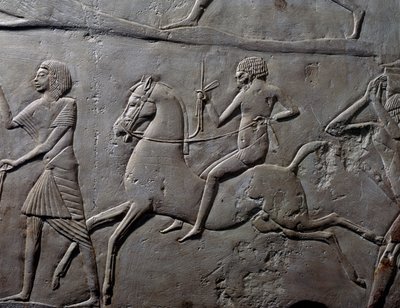 Reliefi hevosen selässä, yksityiskohta sotilaiden sotilasleiriä esittävästä seinäreliefistä, kalkkikiveä, Horemhebin Memfiittihaudasta Saqkarassa, Egyptin sivilisaatio, Uusi valtakunta, XVIII dynastia tekijältä Egyptian 18th Dynasty