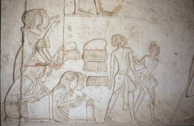 Reliefi, joka kuvaa kirjanoppineita työssään, Horemhebin haudasta (n. 1323-1295 eKr.) New Kingdom (seinämaalaus) (katso lisätietoja kohdasta 218337) tekijältä Egyptian 18th Dynasty