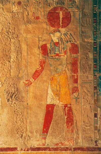 Reliefi, jossa Ra Horakhty, Hatsepsutin hautatemppeli, Deir el-Bahari, Thebanin nekropoli (Unescon maailmanperintöluettelo). tekijältä Egyptian 18th Dynasty
