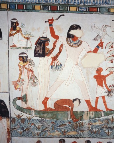 Metsästys- ja kalastuskohtaus suolla, fresko, pohjoisseinä, pitkittäiskammio, Theban hauta TT69, Sheikh Abd el-Qurna, Thebes (Unescon maailmanperintöluettelo) tekijältä Egyptian 18th Dynasty