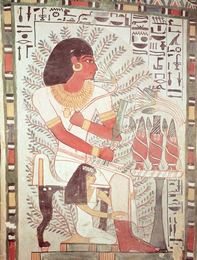 Sennefer istuu vaimonsa Merytin kanssa Senneferin haudalta, Uudesta kuningaskunnasta (seinämaalaus) tekijältä Egyptian 18th Dynasty