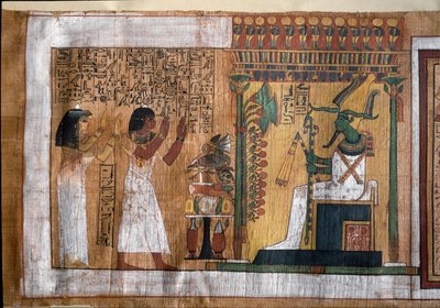 Kuollut Kha ja hänen vaimonsa Merit palvovat Osirista, tuonpuoleisen elämän herraa - Papyrus Kuolleiden kirjasta, arkkitehti Khan hautakammiosta tekijältä Egyptian 18th Dynasty