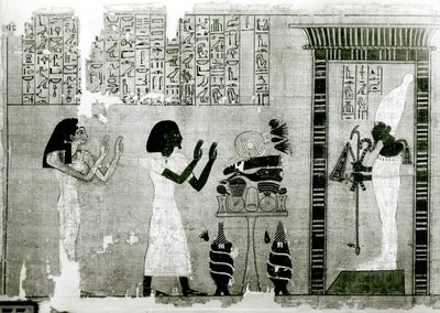 Vainaja sisarensa kanssa menee kunnioittamaan Osirista, yksityiskohta Kuolleiden kirjasta, Uusi kuningaskunta (papyrus) tekijältä Egyptian 18th Dynasty