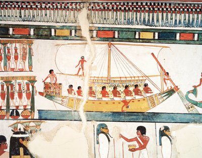 Aurinkolaiva, yksityiskohta Abydoksen pyhiinvaelluksesta, fresko, pohjoisseinä, pitkä ruokasali, Theban Tomb TT69, Sheikh Abd el-Qurna, Thebes (Unescon maailmanperintöluettelo) tekijältä Egyptian 18th Dynasty