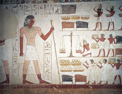 Kuparin punnitus, fresko, Userhatin hauta, opettaja ja kirjuri Amenhotep II:n hallituskaudella, joka tunnetaan myös nimellä hauta TT56, Sheikh Abd el-Qurna, Thebes (Unescon maailmanperintöluettelo) tekijältä Egyptian 18th Dynasty