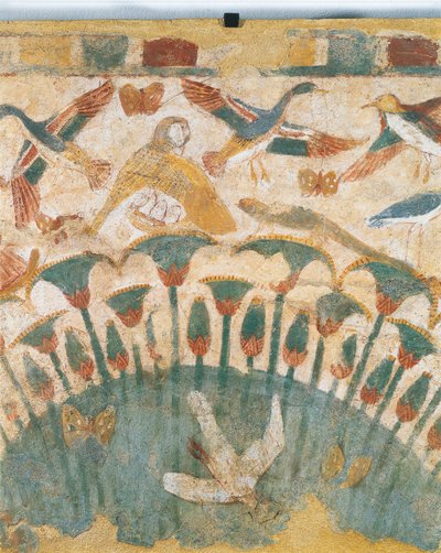 Seinämaalaus, joka kuvaa Niilin varrella sijaitsevien soiden kasvistoa ja eläimistöä, Neferhetepin haudasta, yksityiskohta. tekijältä Egyptian 18th Dynasty