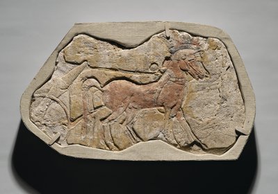 Kahden hevosen jänne, joka vetää vaunuja, Tell el-Amarnasta, Uudesta kuningaskunnasta, n. 1353-1336 eKr. (maalattu kipsikipsi) tekijältä Egyptian 19th Dynasty