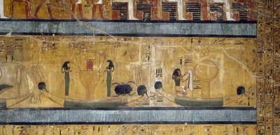 Veneitä sistrumeilla, jumalattareilla ja skarabeudella, jumala strutsin höyhenellä ja kuulla laatikossa, fresko Seti I:n suuresta Hypostyle-hautasalista, Kuninkaiden laakso, Luxor, Thebes (Unesco Unesco tekijältä Egyptian 19th Dynasty