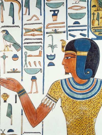 Pylväs, jossa Hornedjitef, yksityiskohta freskoista Nefertarin hautakammiossa, Queens Valley, Luxor, Thebes (Unescon maailmanperintöluettelo) tekijältä Egyptian 19th Dynasty