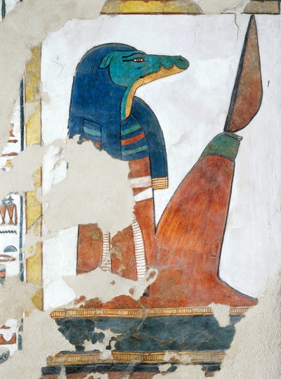 Osiriksen valtakunnan kolmannen portin krokotiilipäinen vartija, Kuolleiden kirjan luku 146, fresko, hautakammio, Nefertarin hauta (QV66), Kuningattarien laakso, Thebe. Egyptin sivilisaatio, Uusi valtakunta, XIX dynastia. tekijältä Egyptian 19th Dynasty