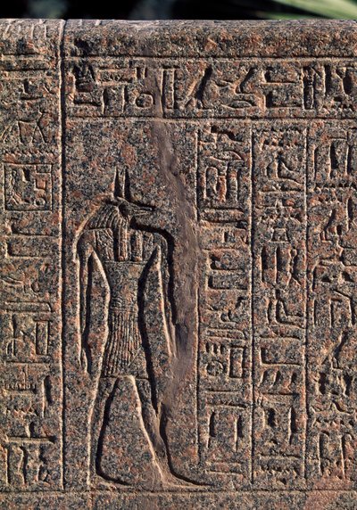 Anubiksen kuva, yksityiskohta kirjoituksesta ja reliefi Anubiksesta ja toisesta jumalasta, Amenhotepin sarkofagi, Memphis (Unescon maailmanperintöluettelo). tekijältä Egyptian 19th Dynasty