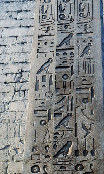 Yksityiskohta vaaleanpunaisesta graniittiobeliskistä, korkeus 25 metriä, Ramses II:n tilaama, Amonin temppeli, Karnakin temppelikompleksi, Luxor, Thebe (Unescon maailmanperintökohde). tekijältä Egyptian 19th Dynasty