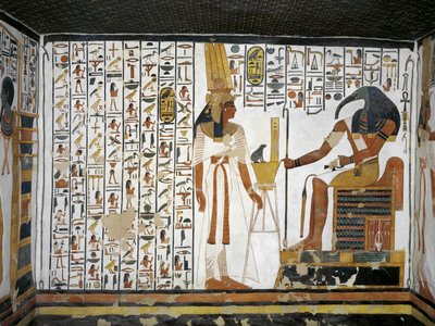Egypti, Thebes, Luxor, Kuningattaren laakso, Nefertarin hauta, eteisammion lisärakennus, seinämaalauksia, Kuningatar jumalallisen kirjuri Thothin edessä tekijältä Egyptian 19th Dynasty