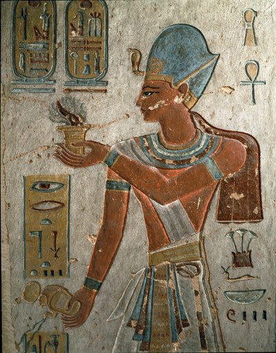 Antiguitat egípcia: el faraó Ramsès I (1320-1310 aC) representa cremar encens i abocar aigua en una cerimònia. Volum de Ramsès I, Vall dels Reis, egipci-finès tekijältä Egyptian 19th Dynasty
