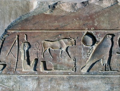 Hieroglyfit Ramses II:n nimellä, obeliskin tukikohta, Amunin temppeli (Unescon maailmanperintökohde tekijältä Egyptian 19th Dynasty