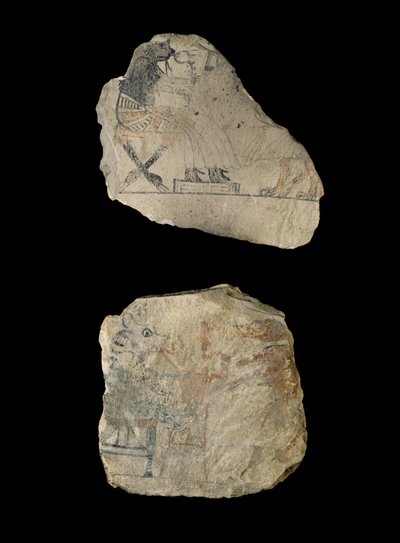 Kalkkikiviostraca humoristisilla luonnoksilla punaisella ja mustalla musteella (mustalla ja punaisella musteella maalattu kalkkikivi) tekijältä Egyptian 19th Dynasty