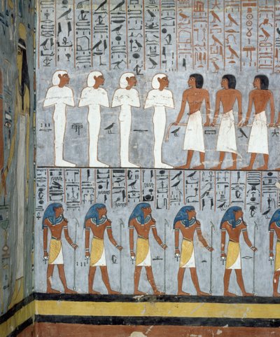 Muumioita ja mieshahmoja, yksityiskohta freskoista Ramses I:n hautakammiossa, Kuninkaiden laakso, Luxor, Thebes (Unescon maailmanperintöluettelo) tekijältä Egyptian 19th Dynasty