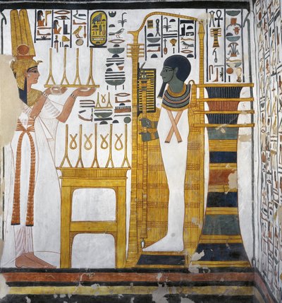 Nefertari uhraa pellavaa Ptahille, yksityiskohta Nefertarin haudan itäisen liitteen länsi seinästä (seinämaalaus) tekijältä Egyptian 19th Dynasty
