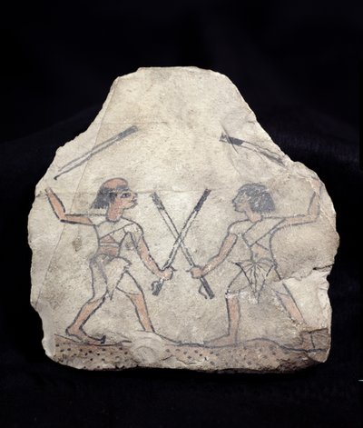 Ostrakon, joka kuvaa kahta miestä taistelemassa kepeillä, Deir El-Medinasta, Uudesta kuningaskunnasta (maalattu kivi) tekijältä Egyptian 19th Dynasty
