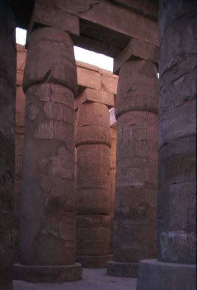 Papyruspylväät silmukirjoilla Amunin temppelin Hypostyle Hallissa, Uusi kuningaskunta (kuva) tekijältä Egyptian 19th Dynasty
