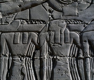 Haukkanaamioinen pappi, yksityiskohta kohtauksesta, joka esittää Ramesses II:ta pyhän veneen edessä, reliefi, Suuren hypostyylisalin sisäseinät, Karnakin temppelikompleksi (Unescon maailmanperintöluettelo). tekijältä Egyptian 19th Dynasty