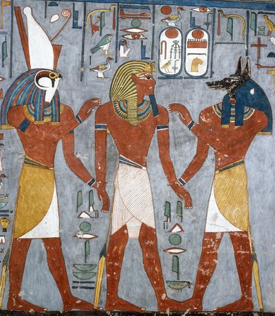 Ramses I Horuksen ja Anubiksen välillä, fresko, hautakammio, Ramses I:n hauta (KV16), Kuninkaiden laakso, Thebes (Unescon maailmanperintöluettelo) tekijältä Egyptian 19th Dynasty