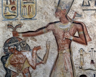 Ramesses II pitää vankeja hiuksista kiinni, yksityiskohta, Egyptin sivilisaatio, Uusi valtakunta, XIX dynastia tekijältä Egyptian 19th Dynasty