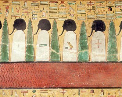 Reliefi, joka kuvaa mustapäisiä jumalia alamaailmassa, Seti I:n haudasta (n. 1294-1279 eKr.) Uusi kuningaskunta (maalattu kalkkikivi) tekijältä Egyptian 19th Dynasty