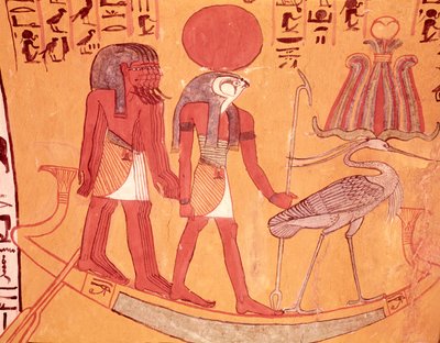 Aurinkoparkki Re-Horakhtyn, benu-lintujen ja neljän muun jumaluuden kanssa, Sennedjemin haudasta, The Workers Village, New Kingdom (seinämaalaus) tekijältä Egyptian 19th Dynasty