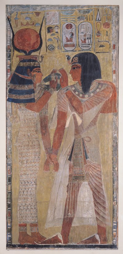 Jumalatar Hathor asetti maagisen kauluksen Seti I:lle (n. 1394-1279 eKr.), joka on otettu Seti I:n haudasta Kuninkaiden laaksossa, Uudessa kuningaskunnassa (maalattu kalkkikivireliefi) tekijältä Egyptian 19th Dynasty