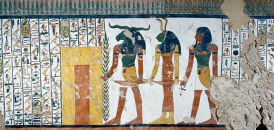 Osiriksen valtakunnan toista porttia vartioivat kolme sukua, Kuolleiden kirja, luku 144, yksityiskohta freskoista Nefertarin hautakammiossa, Queensin laaksossa, Luxorissa, Thebesissa. Egyptin sivilisaatio, Uusi kuningaskunta, dynastia XIX. tekijältä Egyptian 19th Dynasty