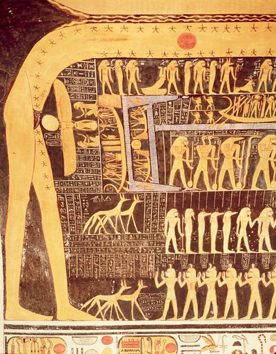 Yksityiskohta Päivän kirjasta Ramses VI:n hautakammion katosta (n. 1143-1136 eKr.) Uusi kuningaskunta (seinämaalaus) tekijältä Egyptian 20th Dynasty