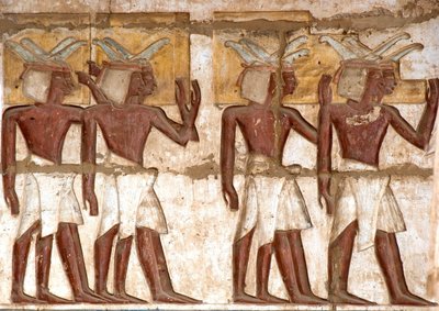 Egyptiläinen antiikki: ensimmäinen hovi, yksityiskohta maalatuista reliefeistä, jotka edustavat ryhmää nubialaisia, jotka tuovat uhreja faaraolle. Ramses III:n hautaustemppeli (1187-1156 eKr.). Luxor, Medinet Habou, Egypti tekijältä Egyptian 20th Dynasty