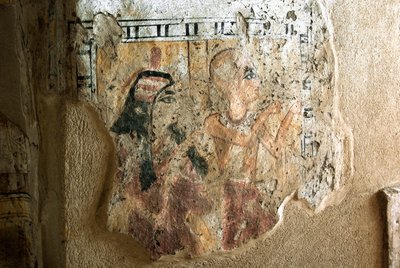 Egyptiläinen antiikki: Shuroyn ja hänen vaimonsa esitys palvonnassa. Shuroyn haudan maalaus (TT13). 20. dynastia. 1190-1077 eKr. Dra Abu el-Nagan nekropoli, Luxorin Länsiranna, Egypti tekijältä Egyptian 20th Dynasty