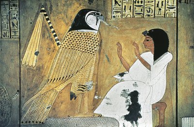 Seinämaalaus kohtauksesta Book of the Deadista, muunnos Golden Falconiksi tekijältä Egyptian 20th Dynasty