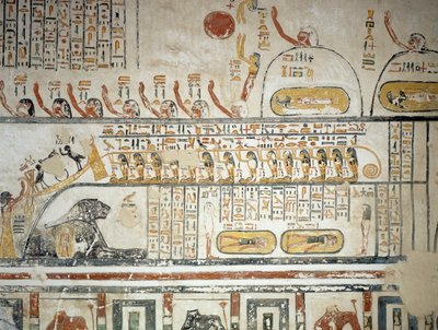 Auringonjumala Ra:n taivaallista navigointia seurannut kulkue, Maan kirja, yksityiskohta Ramses VI:n hautakammion freskoista, Kuninkaiden laakso, Luxor, Thebes (Unescon maailmanperintöluettelo) tekijältä Egyptian 20th Dynasty