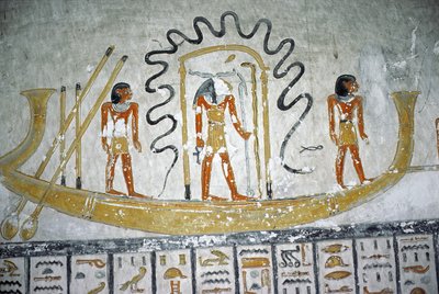Re in the Night Boat, Ramses VI:n haudasta, Uusi kuningaskunta (n. 1145-1137 eKr.) (seinämaalaus) tekijältä Egyptian 20th Dynasty