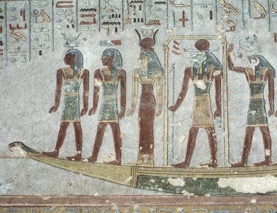 Reliefi, joka kuvaa Khnumia hautausmökissä, joka kulkee alamaailman läpi Ramses III:n haudalta (n. 1184-1153 eKr.) Uusi kuningaskunta (maalattu kalkkikivi) tekijältä Egyptian 20th Dynasty