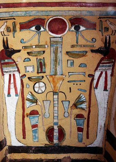 Anubis-muumio, koristeellinen yksityiskohta Ankh-ef-en-Khonsun sarkofagista tekijältä Egyptian 21st Dynasty