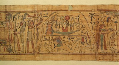 Kirja mytologisista kuvista Nespakachutysta, taivaan ja maan erottamisesta aurinkoveneellä tekijältä Egyptian 21st Dynasty