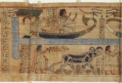 Yksityiskohta pappi Aha-Merin kuolleiden kirjasta, joka kuvaa barkia ja maanviljelyskohtausta, kolmas väliaika (papyrus) tekijältä Egyptian 21st Dynasty