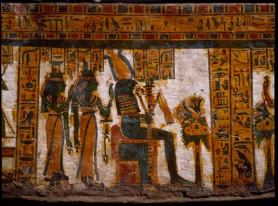 Egyptiläinen antiikin aika: jumalat Isis ja Nephtys palvovat Osirista. Heillä on elämän avaimet ristin ansee (Ankh) muodossa. 21. dynastian (1085-935 eKr.) kirjuri Butehamonin antropoidisen sarkofagin koristelu. Egyptin museo Torinossa (Tori tekijältä Egyptian 21st Dynasty