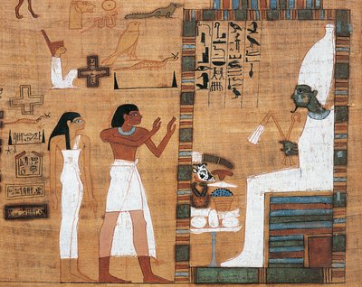 Papyrus, joka kuvaa miestä ja vaimoa Osirisin hovissa tekijältä Egyptian 21st Dynasty