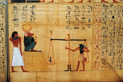 Imenemsaufin, Amonin pääkantajan, mytologinen papyrus. Yksityiskohta: sielun punnitus paviaanijumala Thothin edessä tekijältä Egyptian 22nd Dynasty