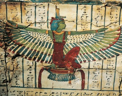 Maalattua, lakattua puuta, joka kuvaa jumalatar Isis levitetyillä siiveillä Cesraperetin sarkofagilla Länsi-Thebestä tekijältä Egyptian 25th Dynasty