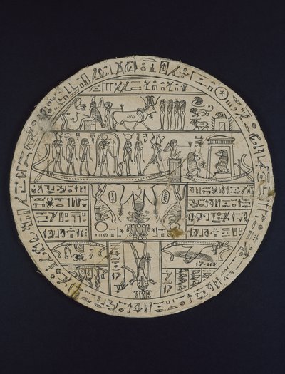 Amuleettinen kiekko (hypocephalus) tehty Tasheritenkhonsulle, n. 664-525 eKr. (pellava ja kipsi) tekijältä Egyptian 26th Dynasty