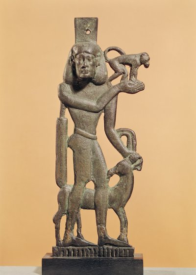 Figuuri miehestä, joka pitelee apinaa ja metski nuolee polveaan, Saite-kausi (pronssi) tekijältä Egyptian 26th Dynasty